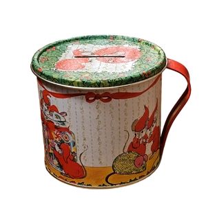 Vintage Jasco Holiday Cheer Tin Cup Christmas Mice Themed Candle / Bank - 1970's